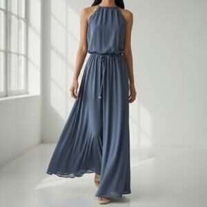 Lulus Formal Maxi Dress Blue Halter Neck Keyhole Back Chiffon Women's Size L NWT